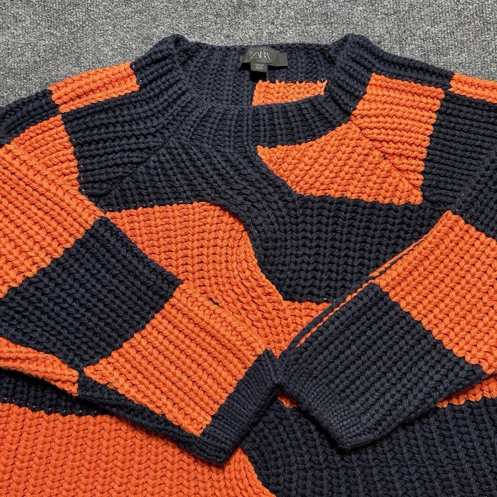 ZARA Oversized Striped Knit Sweater Multicolor Orange And Navy SZ Medium
